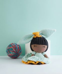Búp bê len bé gái váy xanh tai thỏ nơ vàng