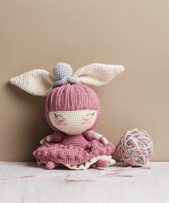 Búp bê len bé gái váy hồng tai thỏ cột nơ