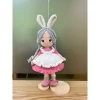 Búp Bê Cô Gái Len Tai Thỏ Tóc Xám Đầm Hồng Trắng