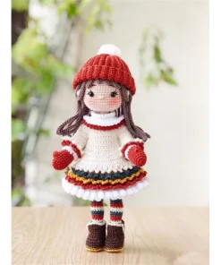 Búp bê len bé gái váy len tay dài mũ đỏ mùa đông