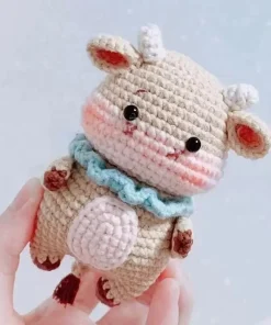 Búp bê len bò sữa mini cổ áo xanh má hồng