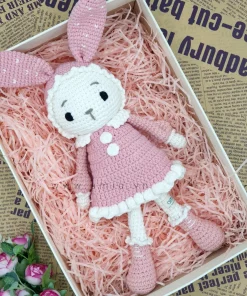 Búp bê len thỏ trắng váy hồng tai dài chấm bi
