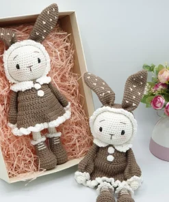 Búp bê len thỏ nâu váy dài tai chấm bi trắng